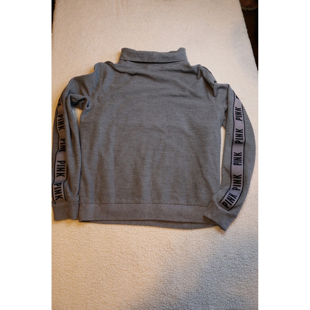 Victoria's Secret PINK Funnel Neck Sweatshirt Gray Logo Tape Pullover Medium - Picture 5 of 5